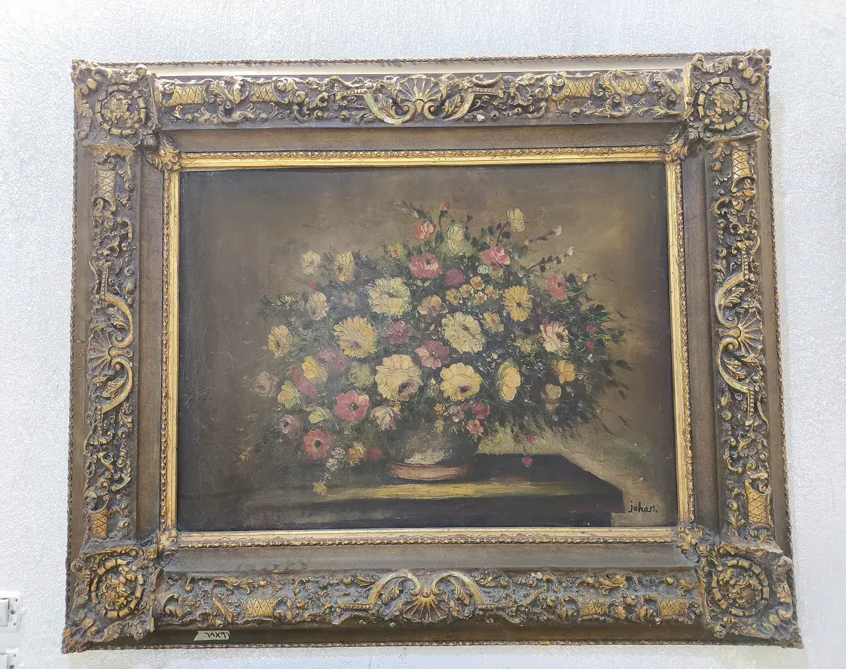 Oil painting of a rose vase